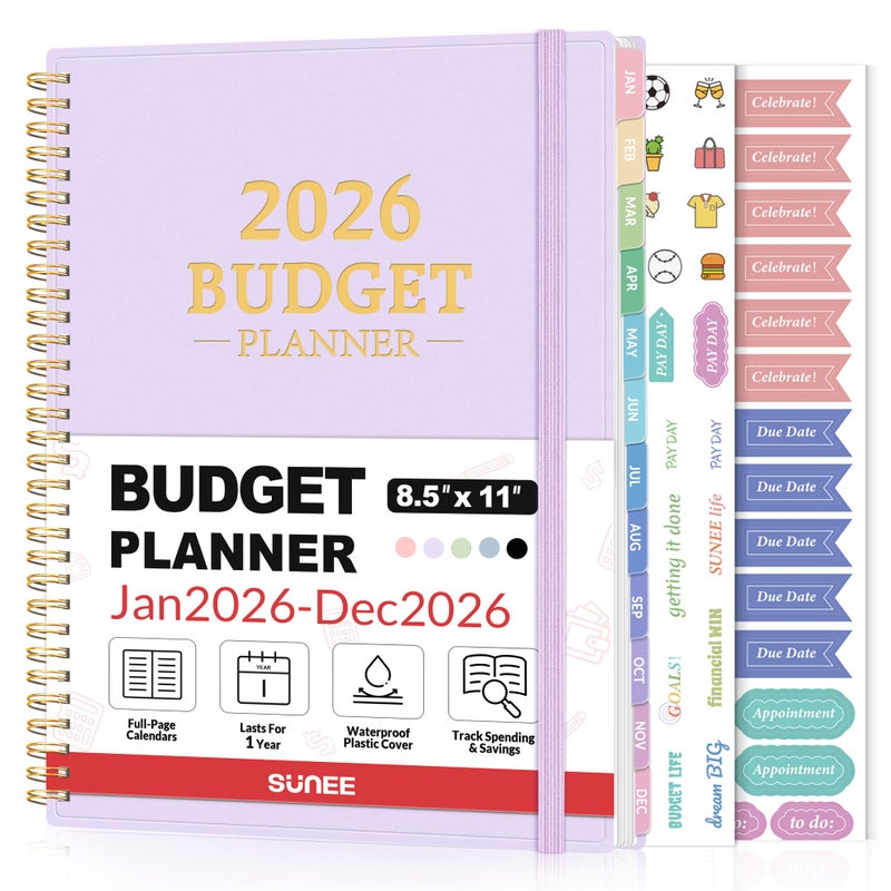 SUNEE 2026 Budget Planner - Monthly Budget Book from JAN 2026 - DEC 2026 with Expense Tracker Notebook, A4 Size (8.5"" x 11"") Bill Organizer & Finance Planner Account Book to Manage Your Finances, Purple - Image 1
